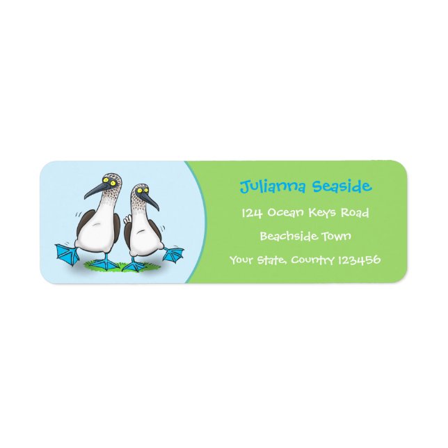 Etiqueta Brinquedos engraçados e felizes de pés azuis dança (Frente)