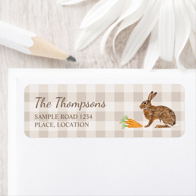 Etiqueta Brown Bunny And Carrots Beige Gingham Easter (Insitu)