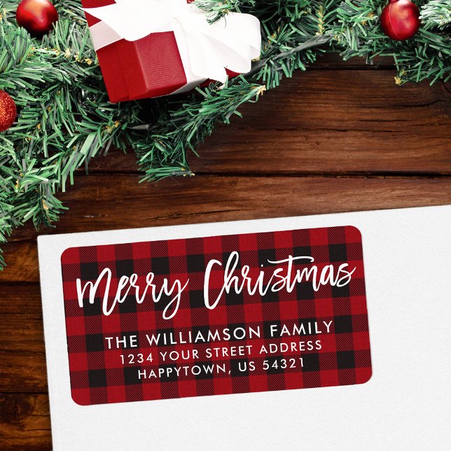Etiqueta Brush Script Merry Christmas Red Plaid Address (Customize to change your personalized text size or style.)
