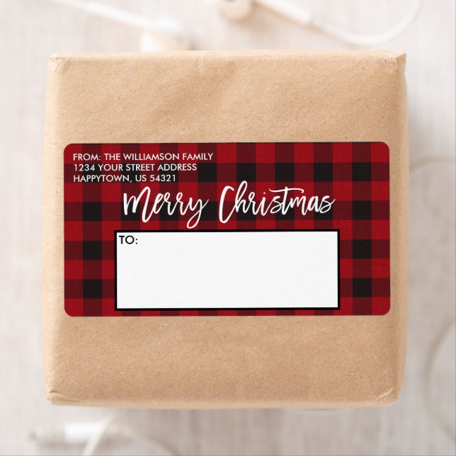 Etiqueta Brush Script Red Buffalo Plaid Christmas Mailing (Insitu)