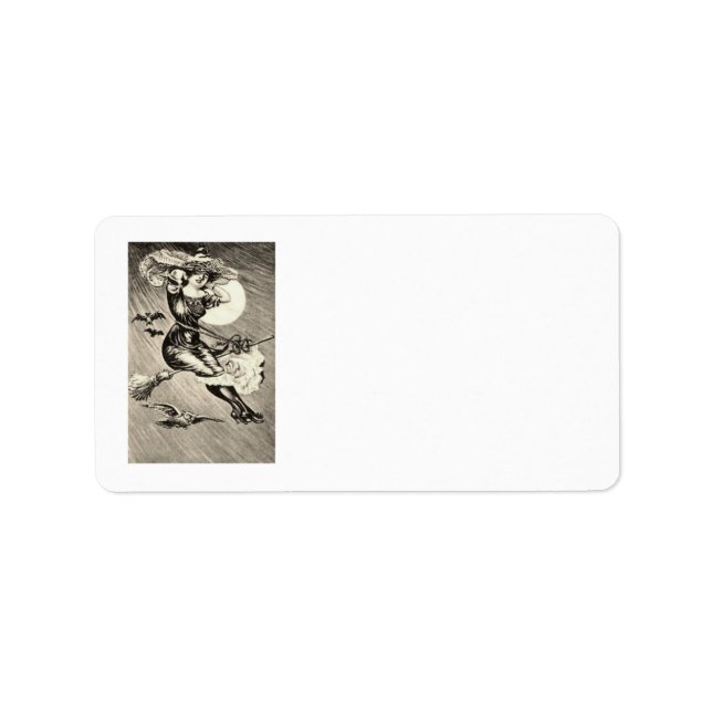 Etiqueta Bruxa Monocromática Voando em uma Vassoura Morcego (Frente)