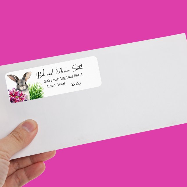 Etiqueta Bunny e Stargazer Lily para Páscoa (Cute bunny with Easter Stargazer Lily in pink and purple Easter return address labels)