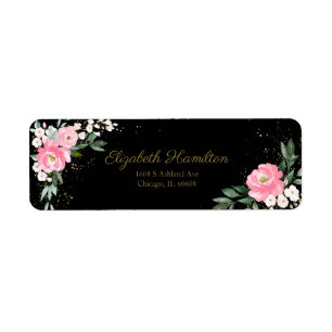 Etiqueta Buquê Floral Aquarela Rosa Quente Elegante Preto