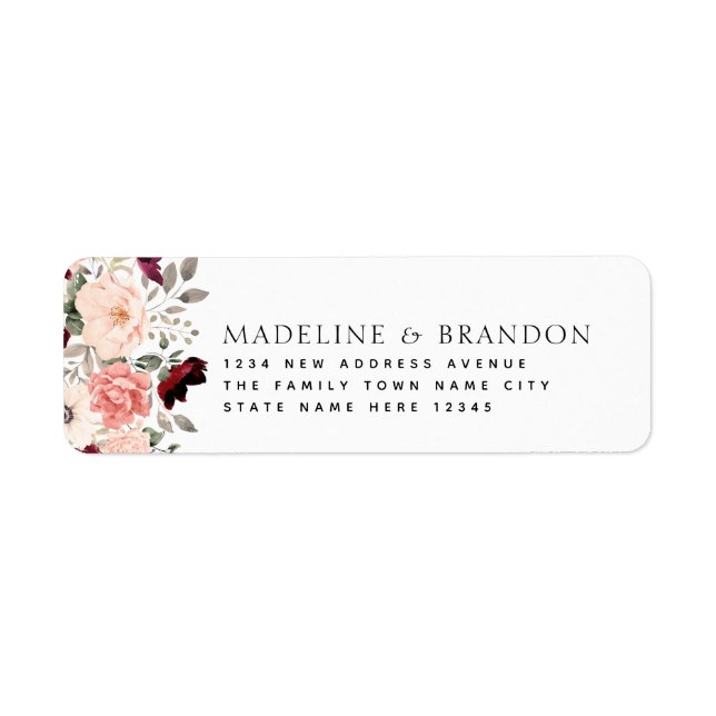 Etiqueta Burgundy Blush Floral Bride & Groom Address (Frente)