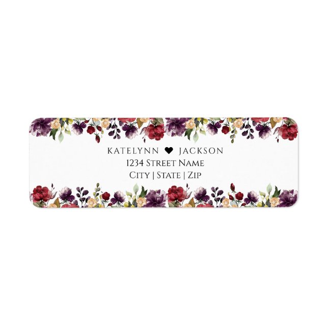 Etiqueta Burgundy Floral Wedch Stationery Endereço de Devol (Frente)