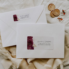 Etiqueta Burgundy Gold Floral Script Wedding Return Address