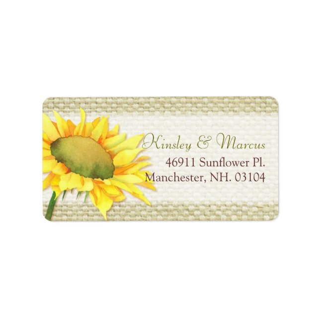 Etiqueta Burlap Sunflower Country Wedaddress (Frente)