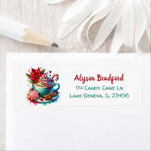 Etiqueta Cacau quente, canas doces e cookies, de cor branca