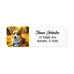 Etiqueta Cachorro Corgi Brincando em Folhas de Queda