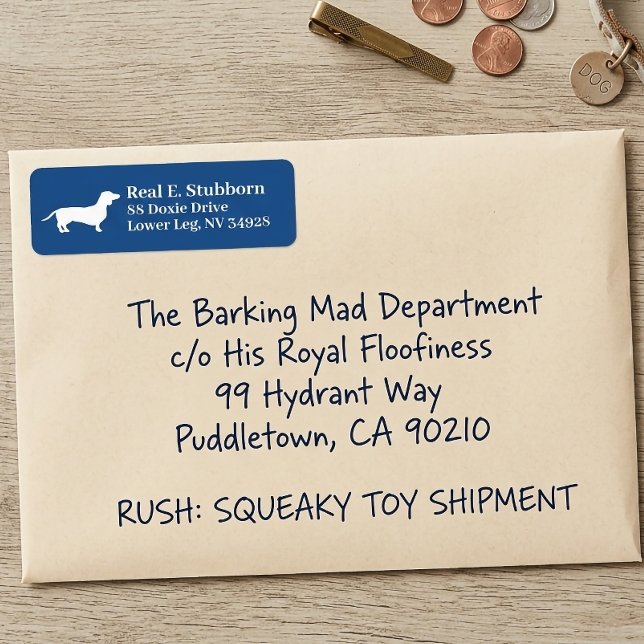 Etiqueta Cachshund Wiener | Rótulo Azul Real (Dachshund Blue Return address Label)