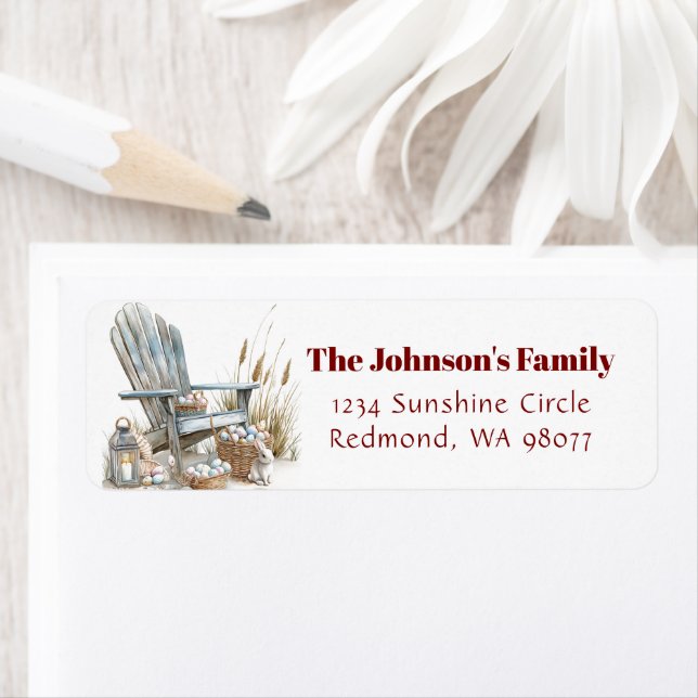 Etiqueta Cadeira de madeira com endereço de ovos de Páscoa (Insitu)