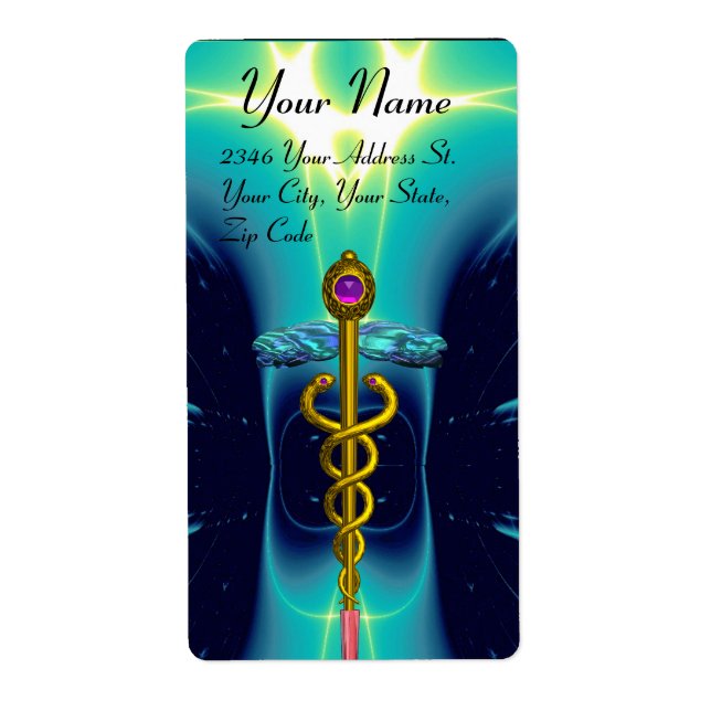 Etiqueta CADUEUS, ametísta dourada vibrante, turquase azul (Frente)