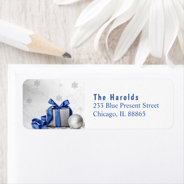 Etiqueta Caixa de presente de Natal elegante com fita azul (Insitu)