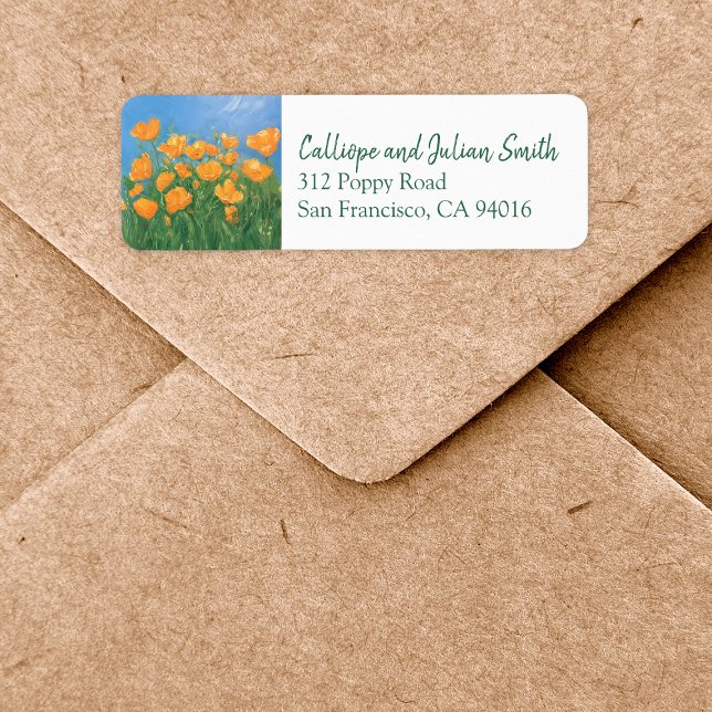 Etiqueta California Poppy Field Painting Endereço de devolu (Add a bright pop of color with these california poppy flower field return address labels.)