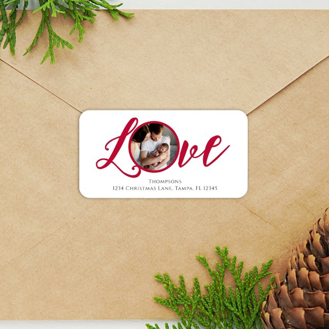 Etiqueta Caligrafia de Fotografia Moderna do Natal Simples (Christmas photo typography "Love" wording return address label.)