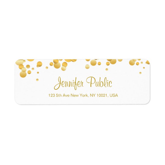 Etiqueta Caligrafia Script Elegante Modelo Confetti Dourado (Frente)