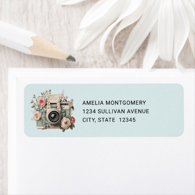 Etiqueta Camera with Flowers Retro Pastel Image - Address (Insitu)