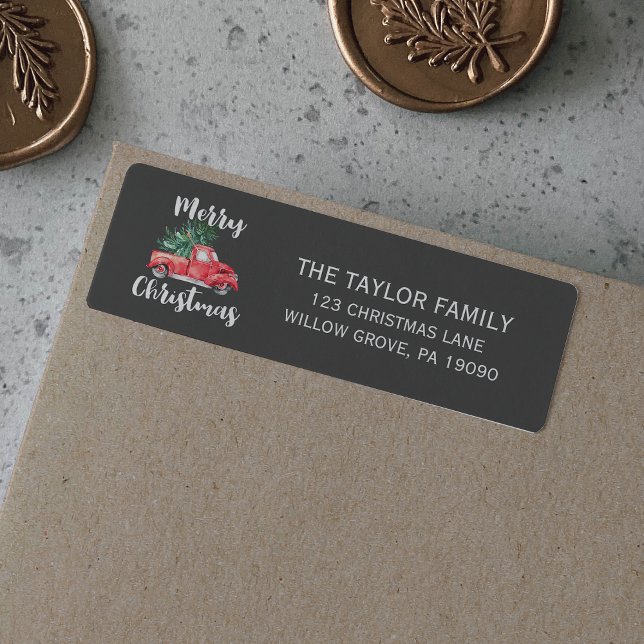 Etiqueta Caminhão vermelho e árvore | Cinza Natal (Criador carregado)