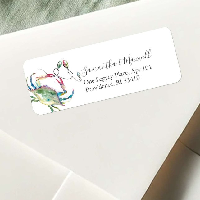 Etiqueta Caranguejo de Natal com Aquarela Costeira Moderna  (Beach Christmas return address labels watercolor crab and holiday lights art by Victoria Grigaliunas)