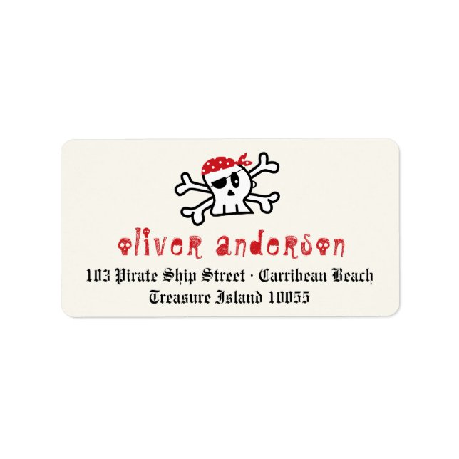 Etiqueta Cartoon Pirate Skeleton Skull Labs de Aniversário (Frente)