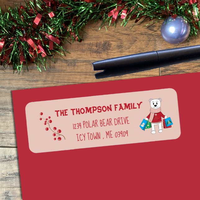 Etiqueta Cartoon Polar Bear Pink Holiday Address (Endereço  (Cute polar bear with shopping bags rose pink Holiday return address labels .)