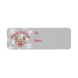 Etiqueta Cartoon Reindeer Snowflake Cinza Presente de Natal