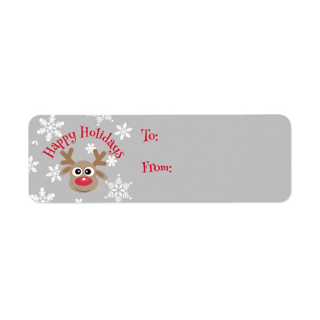 Etiqueta Cartoon Reindeer Snowflake Cinza Presente de Natal (Frente)