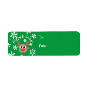 Etiqueta Cartoon Reindeer Snowflake Presente de Natal Verde
