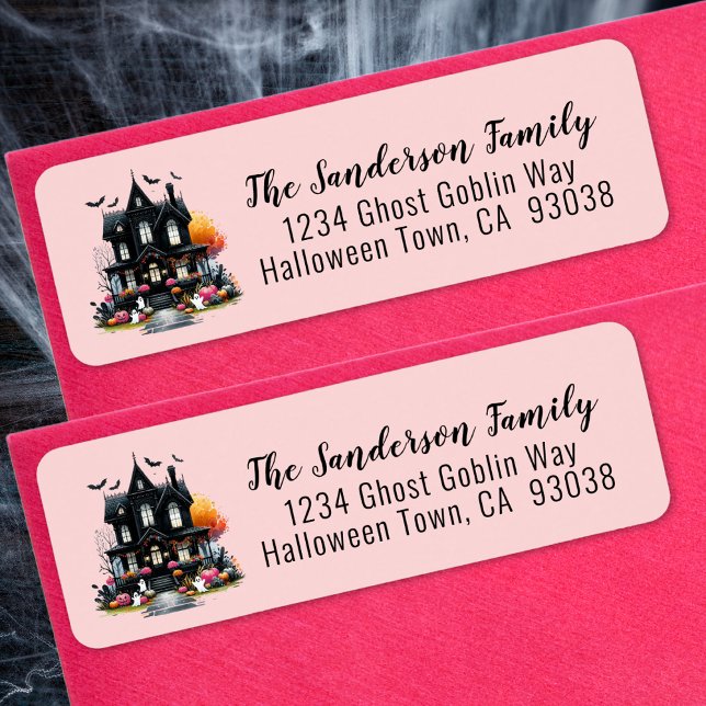 Etiqueta Casa Assombrada Rosa Endereço de Devolução de Hall (Haunted House Pink Halloween Return Address label)
