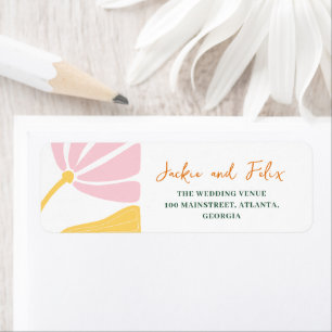 Etiqueta Casamento alegre com flores cor-de-rosa e amarelo
