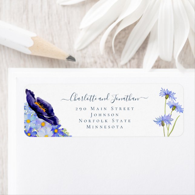 Etiqueta Casamento Azul com Flores Silvestres Modernas (Insitu)