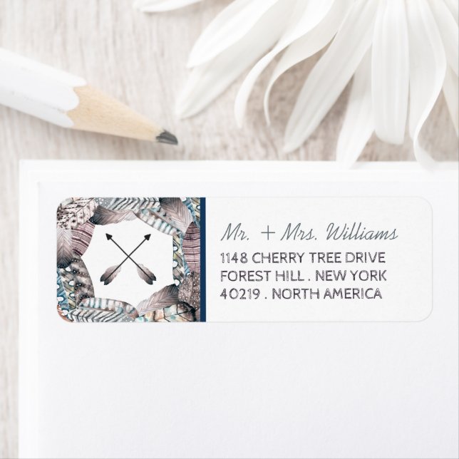 Etiqueta Casamento Boêmia de Penas Tribais Modernas (Insitu)