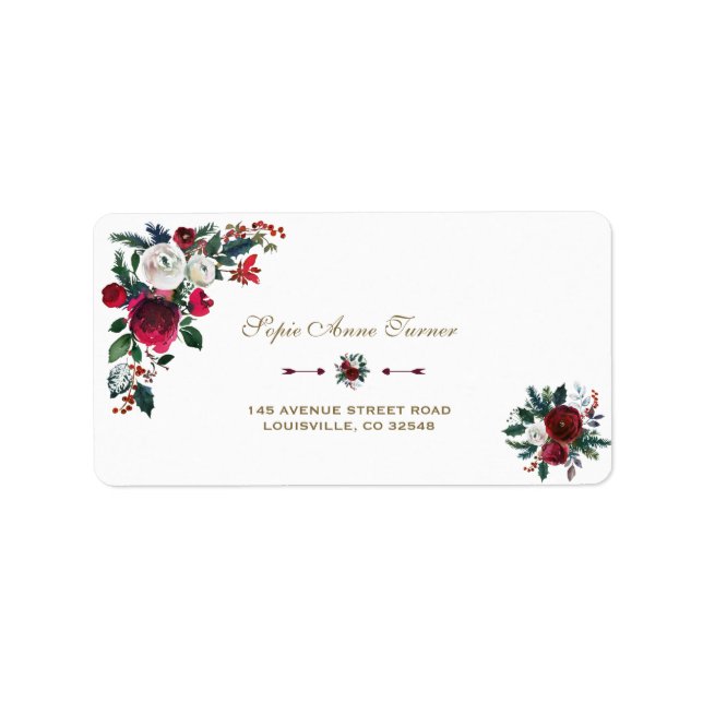 Etiqueta Casamento Charming Winter Burgundy Floral Pine (Frente)
