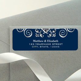 Etiqueta Casamento com Flores de Prata Azul-Marinho