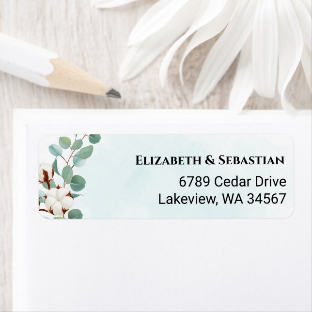 Etiqueta Casamento de Flores de Algodão e Eucalipto Verde (Insitu)