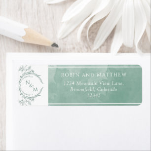 Etiqueta Casamento de Monograma de Cor Verde Verde Elegante