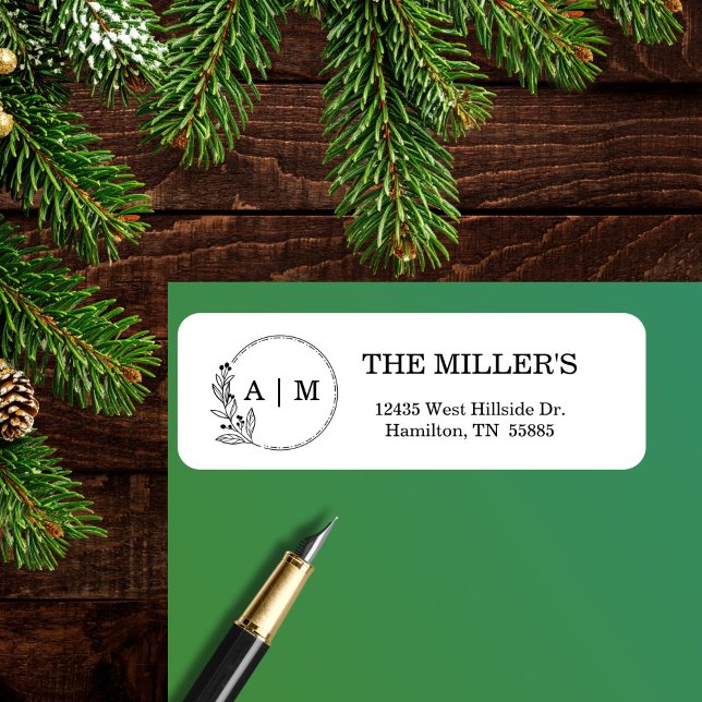 Etiqueta Casamento de Monograma Mínimo Preto (Black Minimal Floral Monogram Wedding Label)