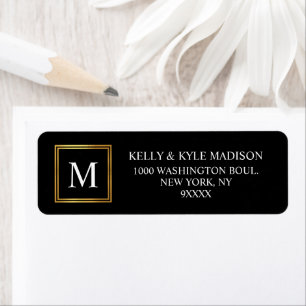 Etiqueta Casamento de Monograma Preto com Quadro Dourado Cl