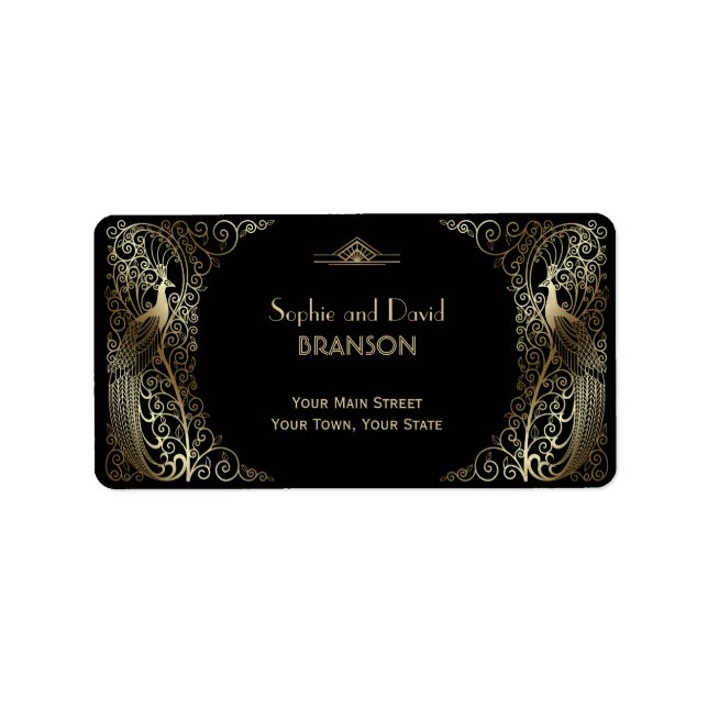 Etiqueta Casamento de Peacocks em Deco de Arte Dourada Glam (Frente)