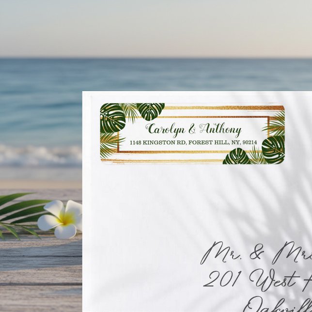 Etiqueta Casamento de Praia Gold Foil & Green Palm Leaf Bea (Criador carregado)