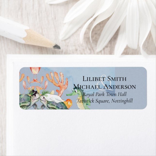 Etiqueta Casamento de tartarugas marinhas com noiva e Groom (Insitu)