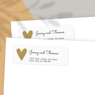 Etiqueta Casamento Dourado de Coração Simples Elegante Bran