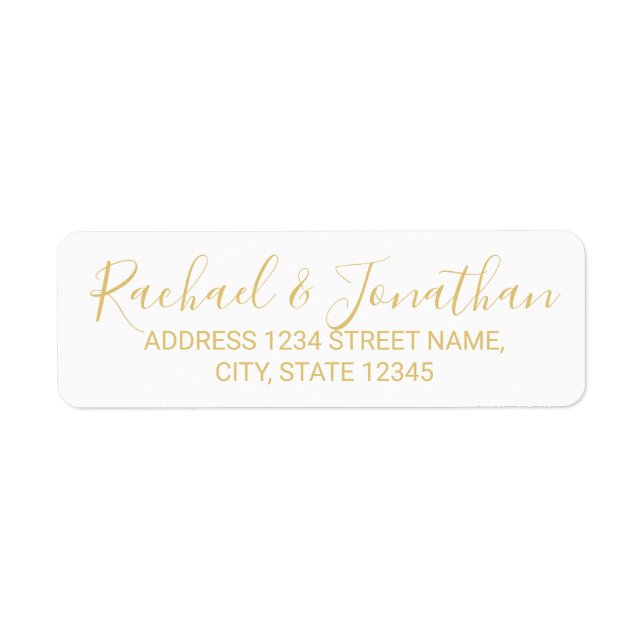 Etiqueta Casamento Dourado e Branco de Script Moderno (Frente)