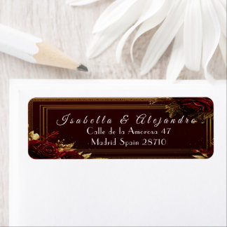 Etiqueta Casamento Elegante em Vermelho Borgonha e Dourado