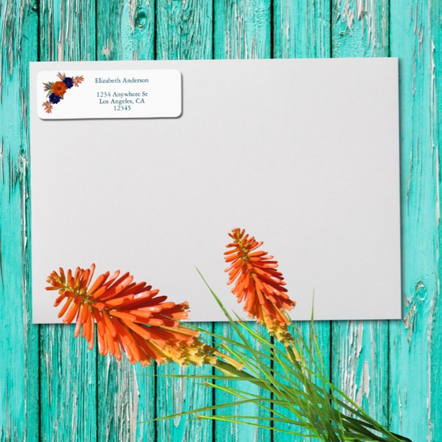 Etiqueta Casamento Floral Azul de Marinho Laranja de Outono (Criador carregado)