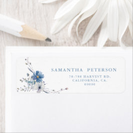 Etiqueta Casamento Floral Azul Empoeirado Dourado Primavera