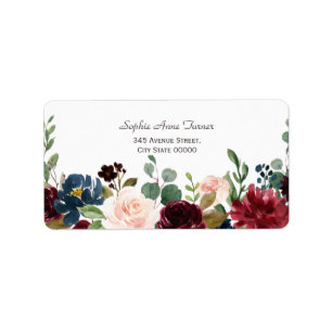 Etiqueta Casamento Floral Azul-Marinho de Merlot Elegante