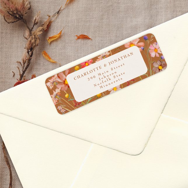 Etiqueta Casamento Floral de Outono Boho (Terracotta beige cream Wildflower fall Wedding return address label autumn watercolor florals)