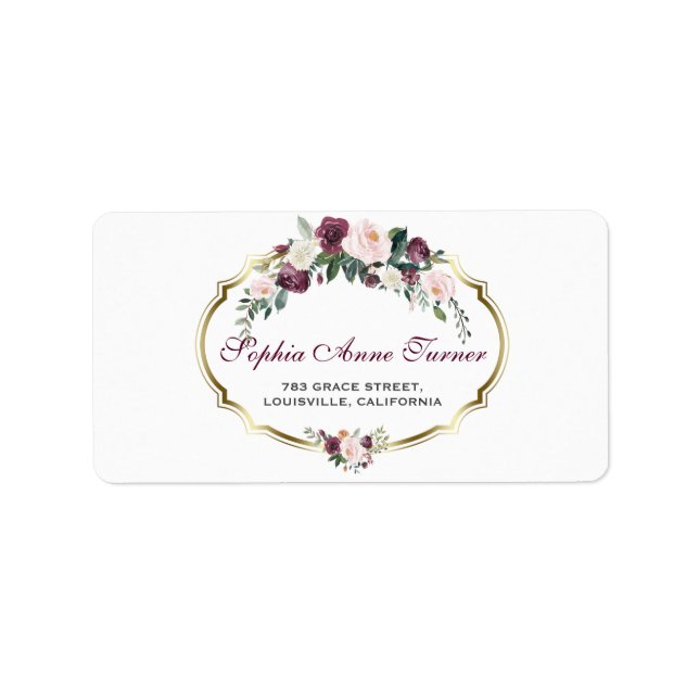 Etiqueta Casamento Floral Dourado Burgundy Blush (Frente)