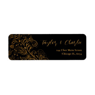 Etiqueta Casamento Floral Elegante Dourado e Negro